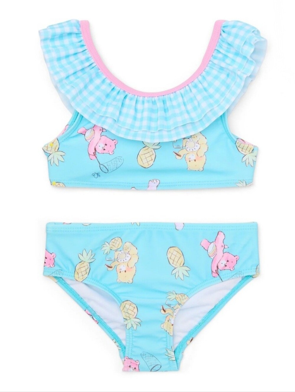 NWT. Care Bears Light Blue Pineapple Print Ruffle Tankini with Pink Trim